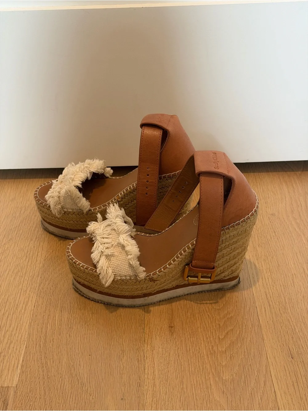 See By Chloé Brown Leather Fringe Espadrille Platform Wedges